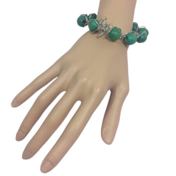 Handcrafted 8" Teal Green Wood Beaded Boho Wire Wrapped Bangle Bracelet - Picture 6 of 6